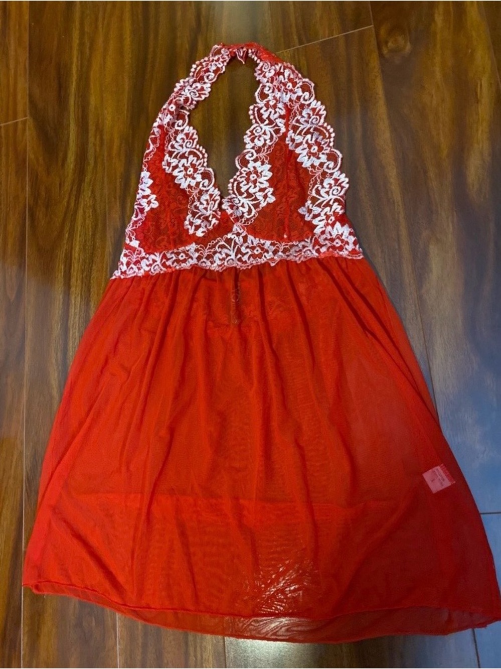 Red Lace Halter Babydoll Nightdress with White Embroidery